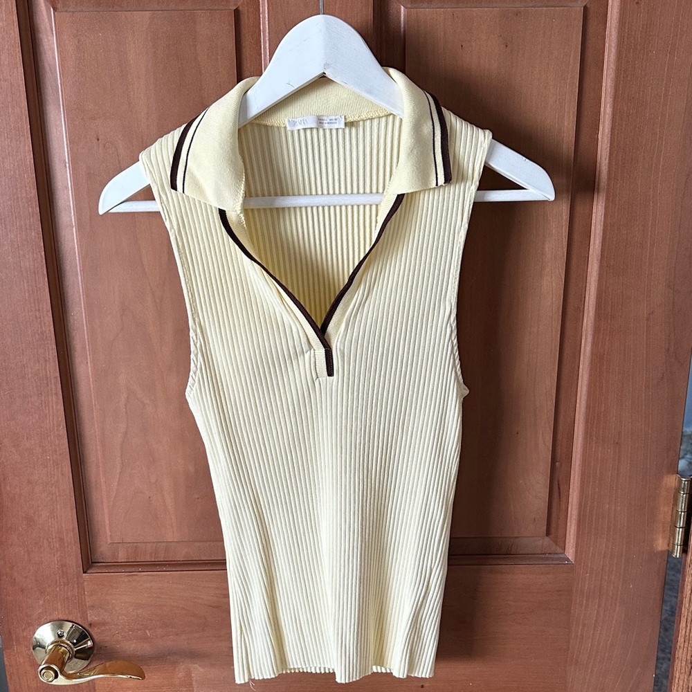 Zara Cream Ribbed Collared Tank Top